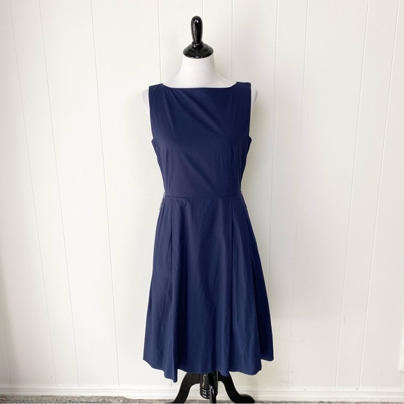 LL Bean Sz 6 Navy Blue Cotton Poplin Midi Sleeveless Pleated Dress Pockets - Picture 1 of 16